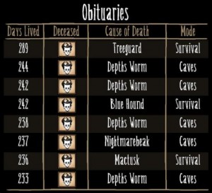 Don't Starve - La lista de muertes
